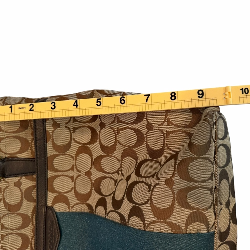 Coach Brown Signature Canvas Tote with Teal Center Stripe - Picture 3 of 6